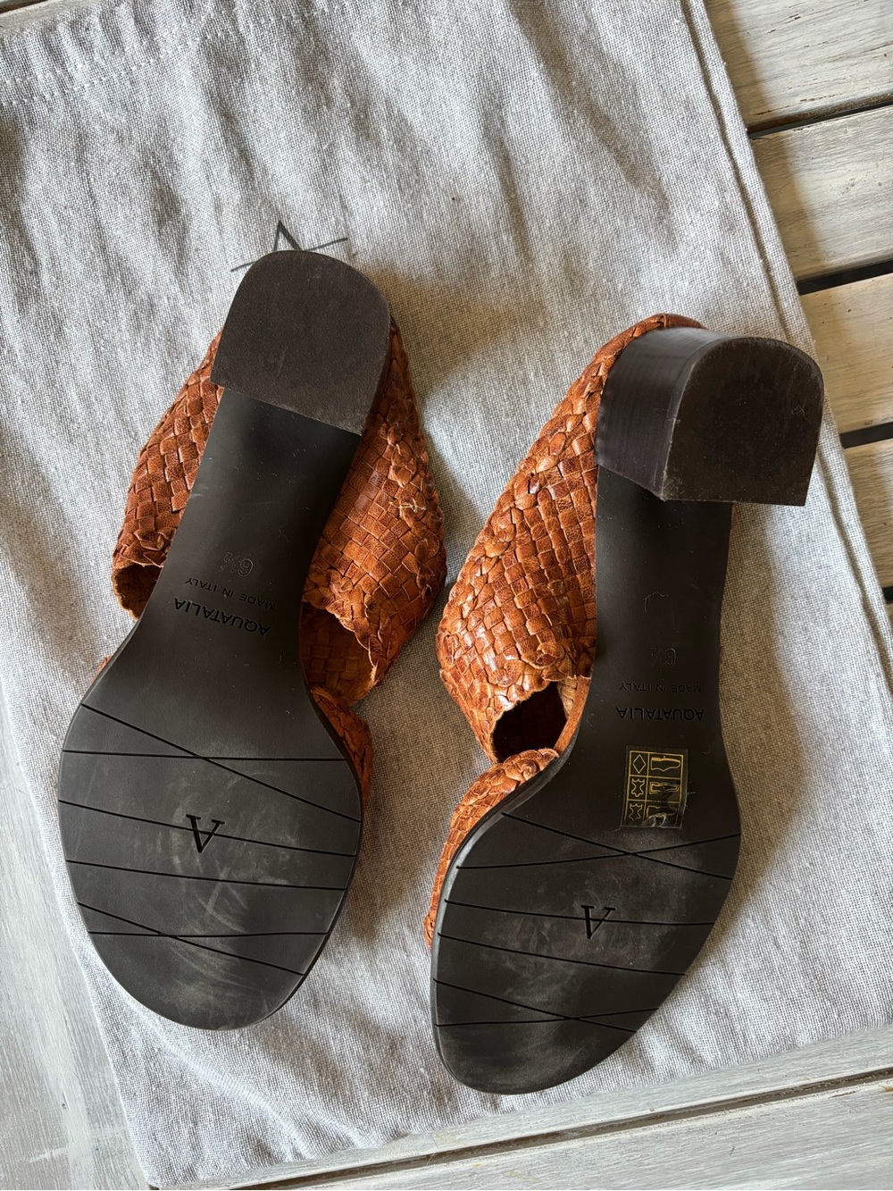 Aquatalia Brown Woven Leather Block Heel Mule Sandals 6.5 Italy - Picture 6 of 11